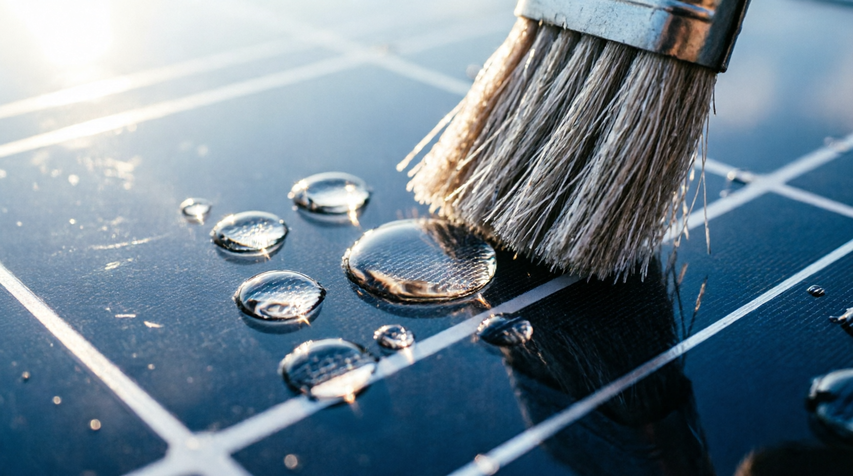 Gocce di acqua demineralizzata su vetro fotovoltaico durante la pulizia