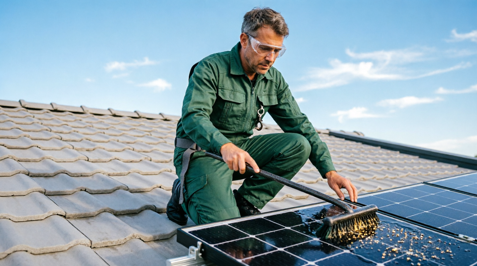 Tecnico PhotonPrime durante il lavaggio di pannelli fotovoltaici